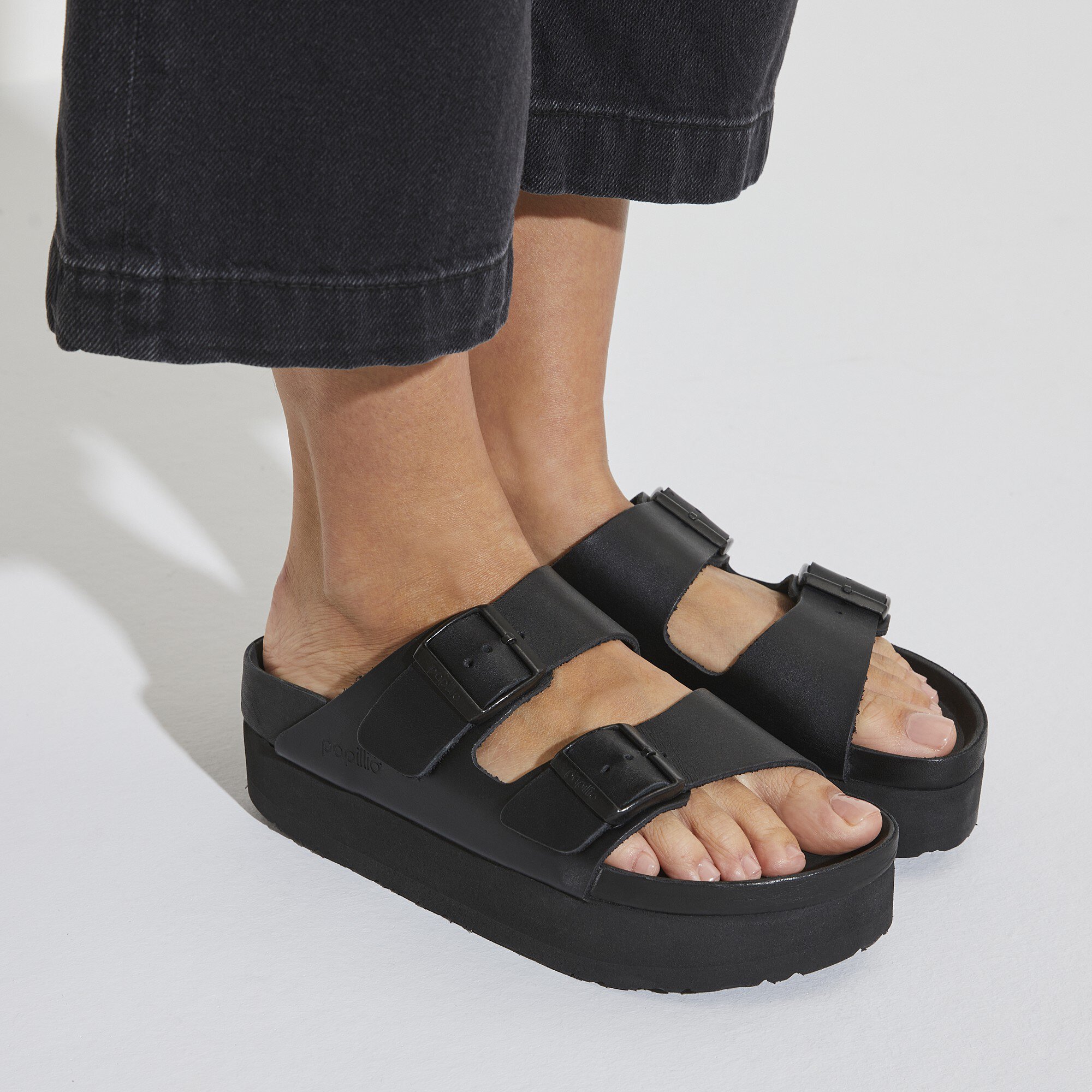 Birkenstock Arizona Natural Leather Black Platform Two-Strap Sandals