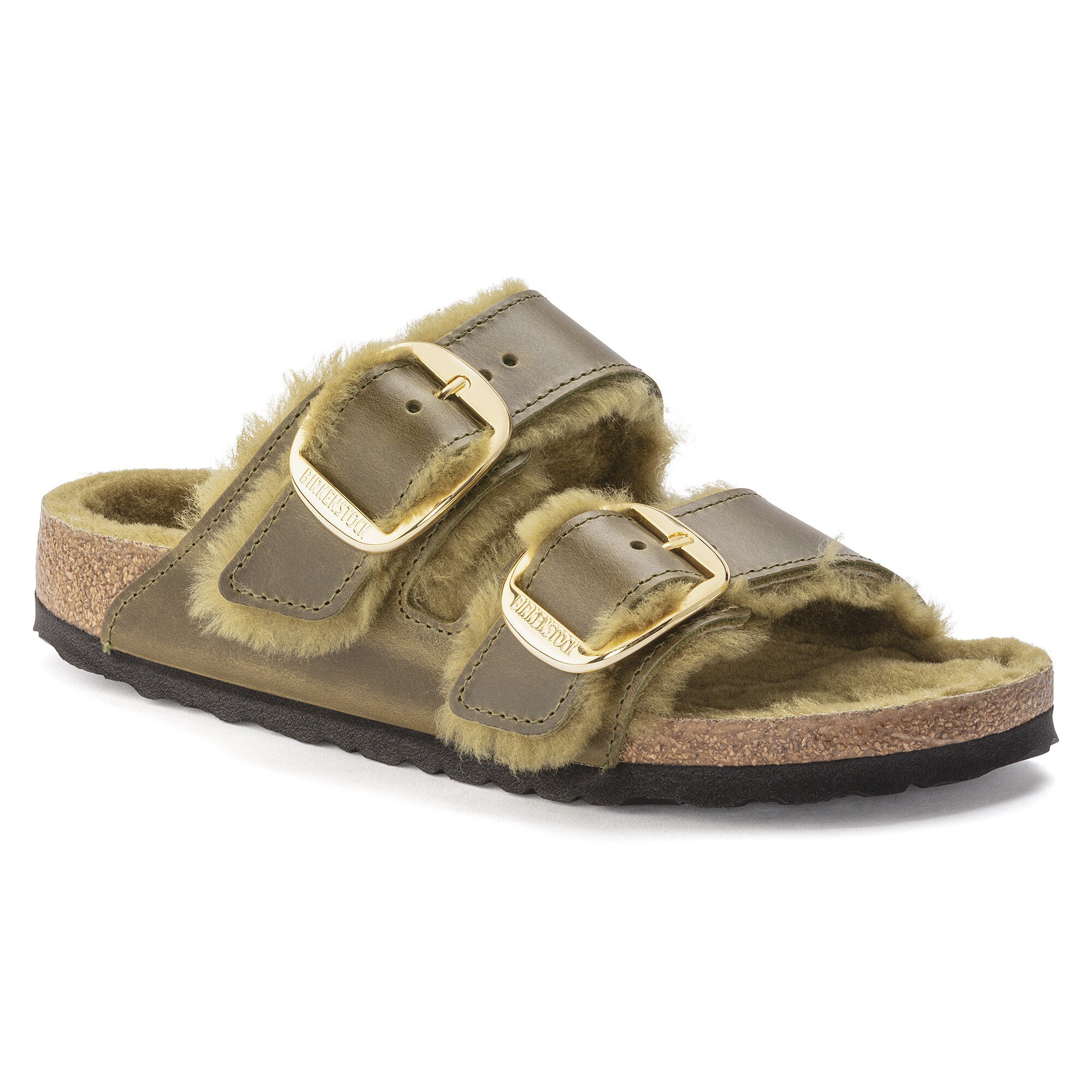 BIRKENSTOCK Arizona Big Buckle Shearling Sandal in Green Olive