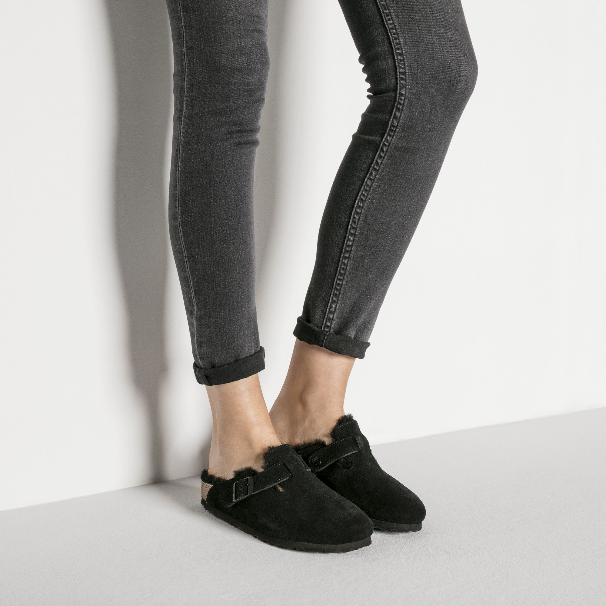 Boston Shearling Suede Leather Black BIRKENSTOCK