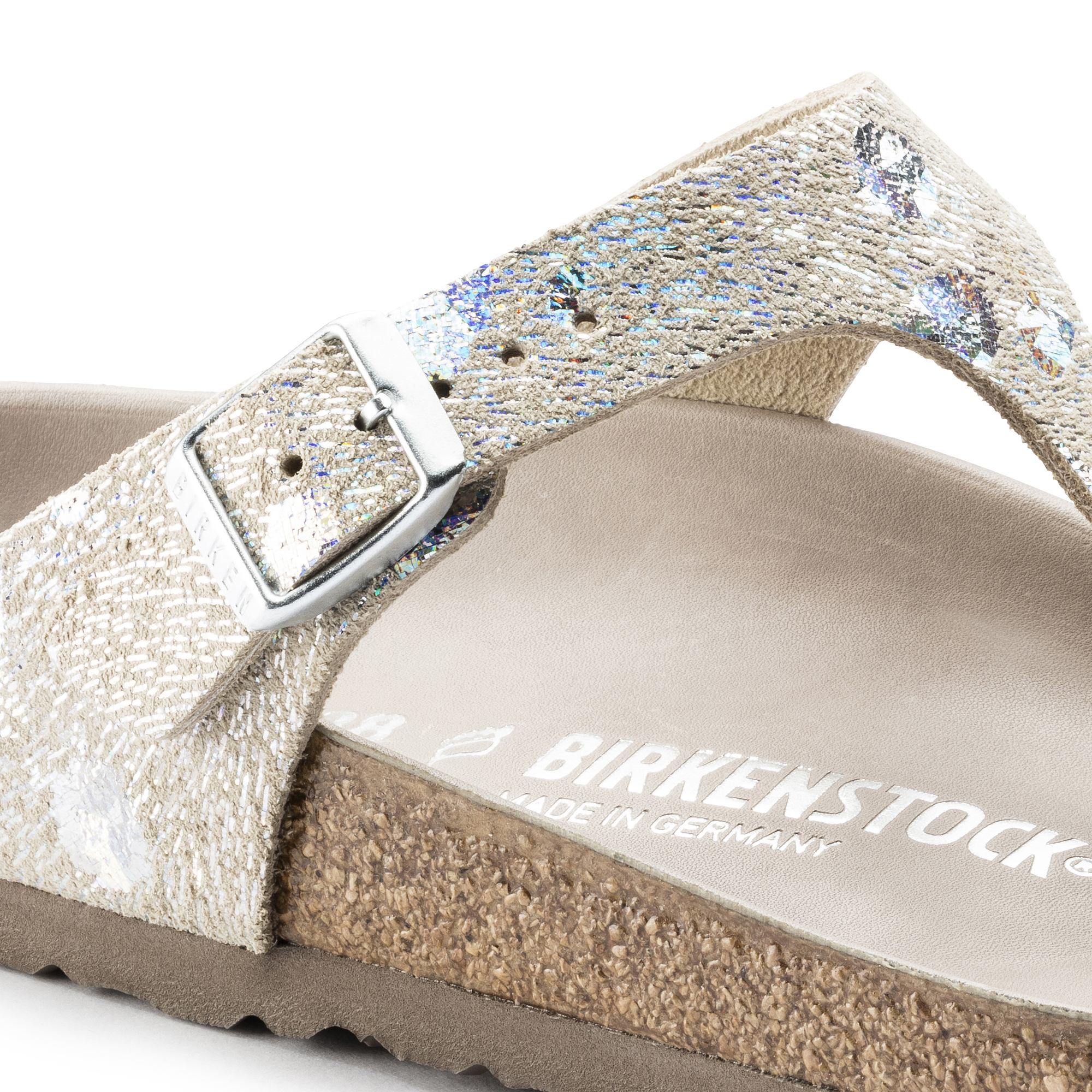 metallic silver birkenstock sandals