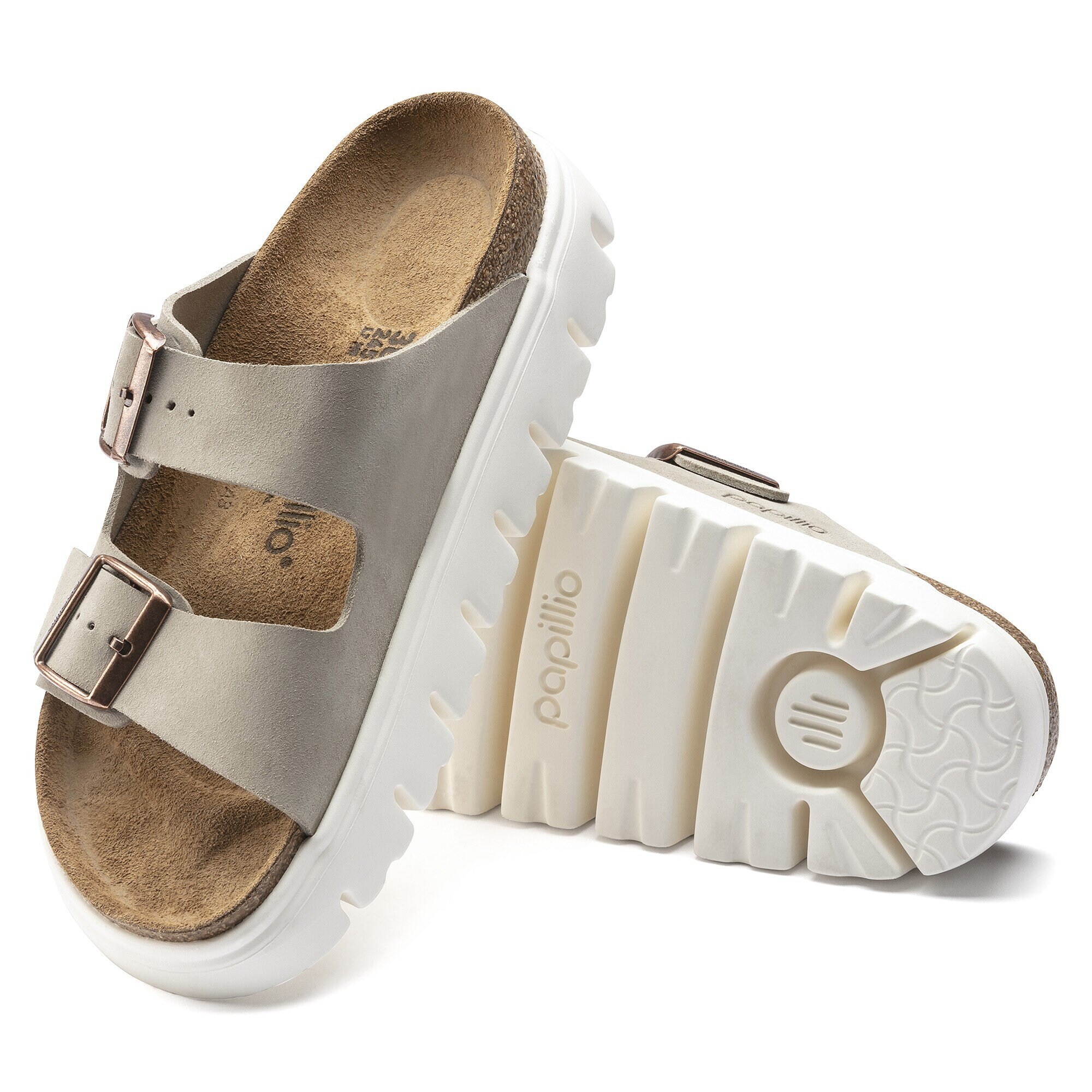 Birkenstock Arizona Platform Suede Leather Taupe Two Strap Sandals