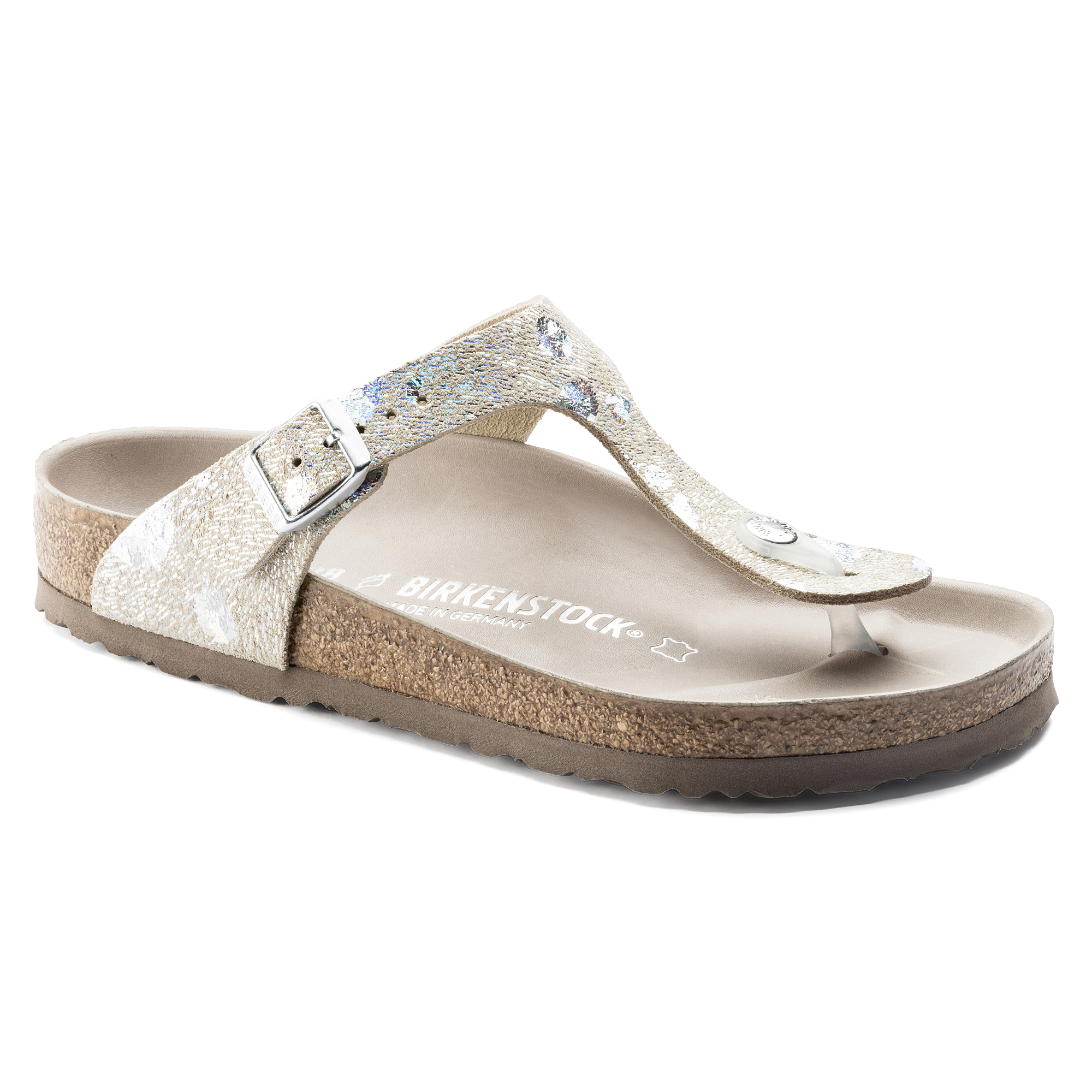 metallic silver birkenstock sandals