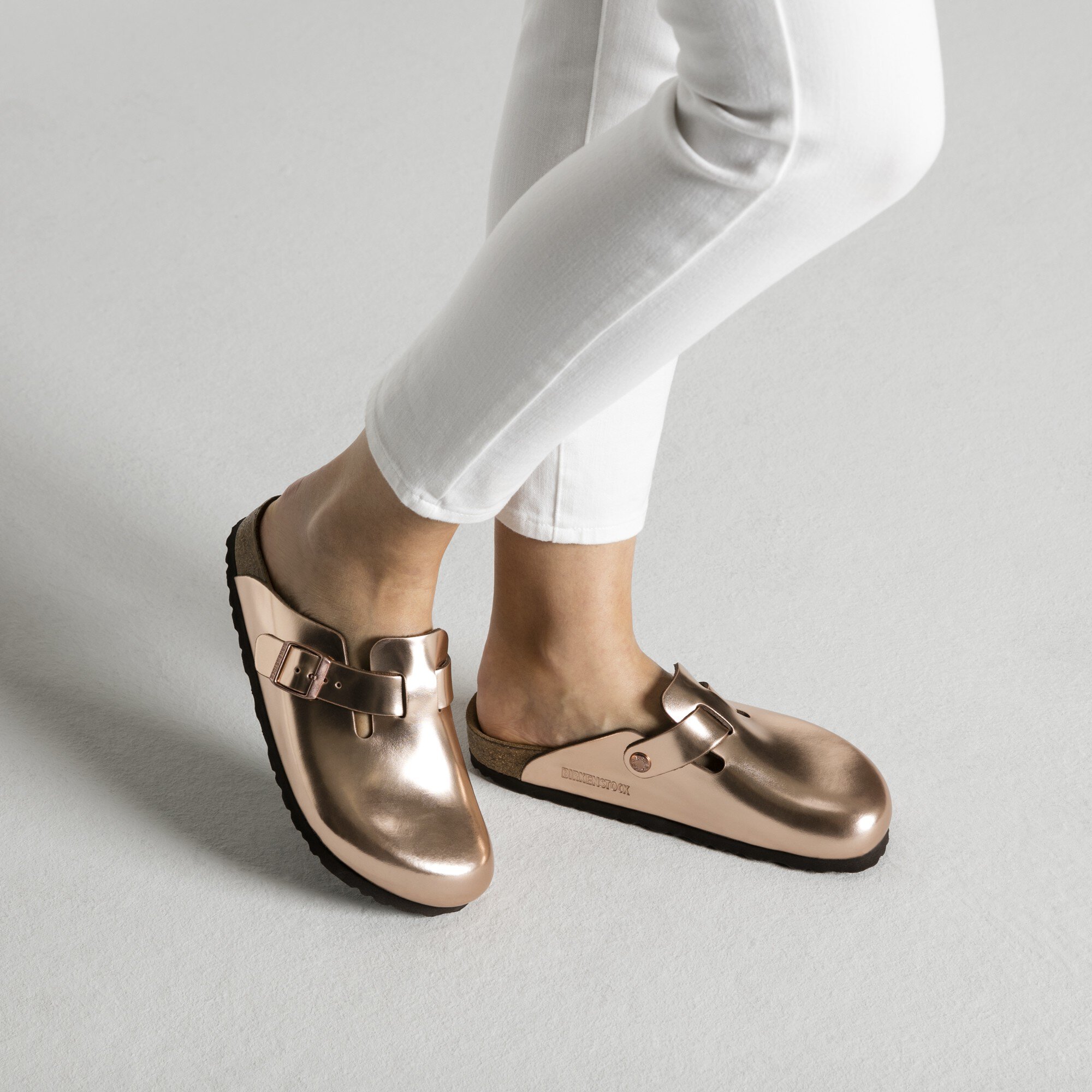 metallic birkenstock clogs