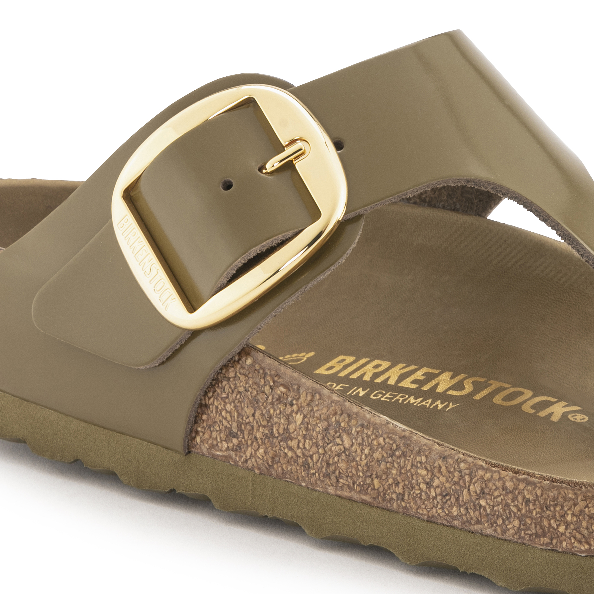 Gizeh Big Buckle Natural Leather Patent Shine Mud Green | BIRKENSTOCK