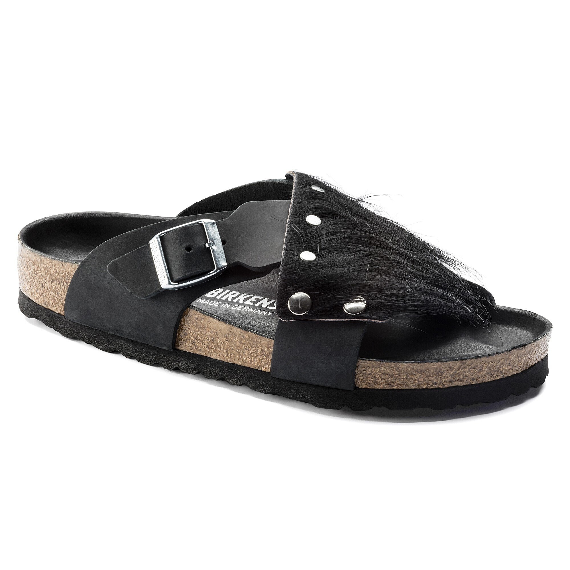 black fur birkenstocks